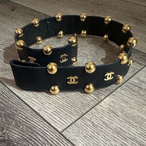 CHANEL Black Leather Belt with Gold CC Logos and Gold Studs
